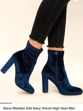Steve Madden Navy Velvet Block Heel Ankle Boots